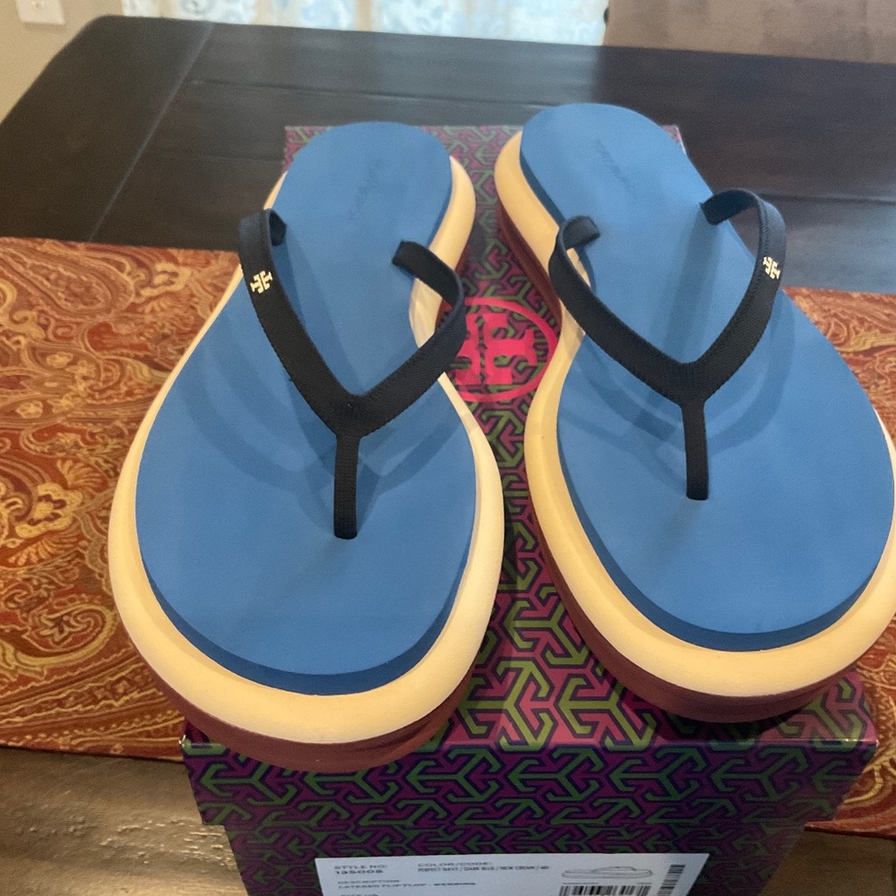 Tory Burch Blue and Black Platform Flip Flop Sandals